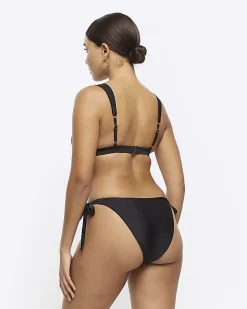 River Island tie side scallop brief bikini bottoms Black Fashion