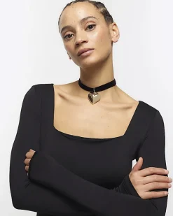 River Island velvet heart necklace Black Outlet