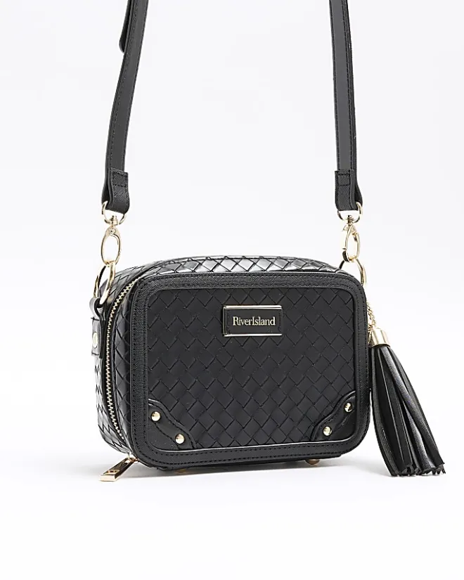 River Island weave oval cross body bag Black New