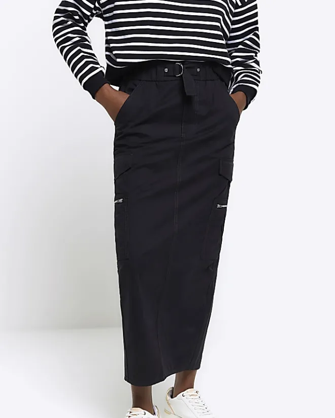 River Island zip pencil midi skirt Black New