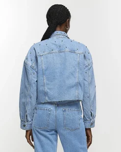 River Island embellished crop denim jacket Blue Outlet