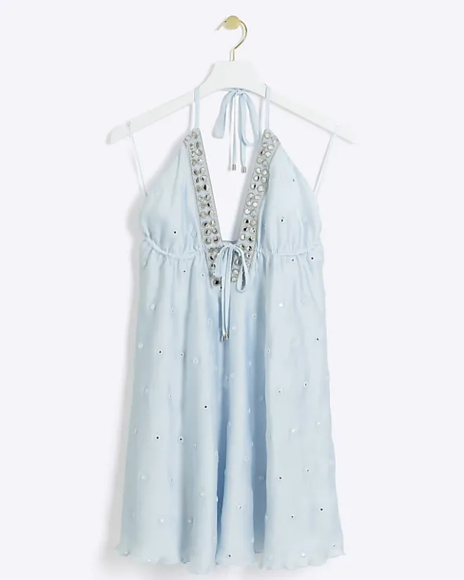 River Island embellished plunge beach mini dress Blue Hot