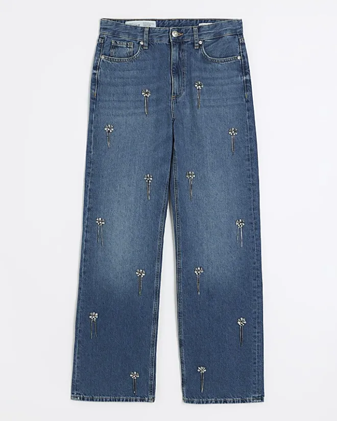 River Island embellished relaxed straight jeans Blue Outlet