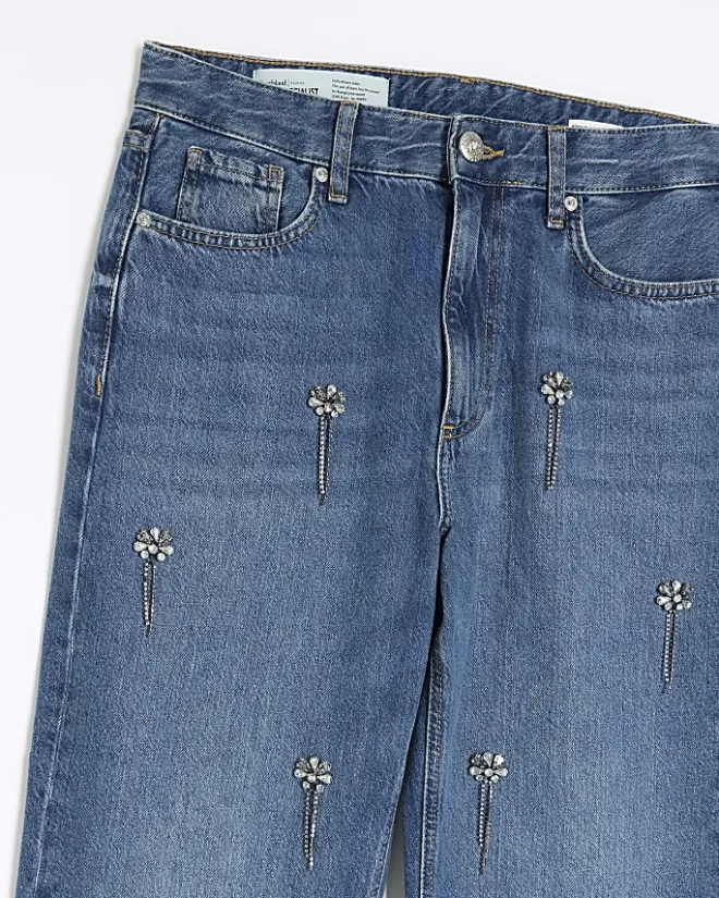 River Island embellished relaxed straight jeans Blue Outlet