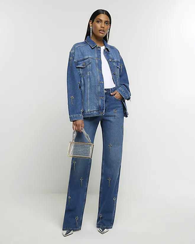 River Island embellished relaxed straight jeans Blue Outlet