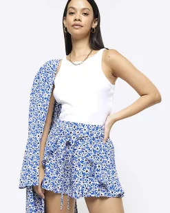 River Island floral belted shorts Blue Discount