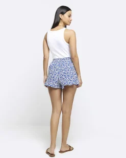 River Island floral belted shorts Blue Discount