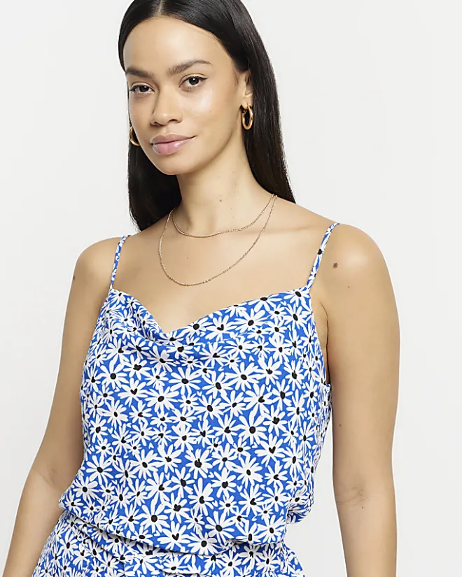 River Island floral cowl neck cami top Blue Clearance