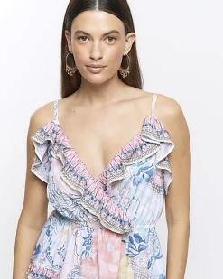 River Island floral frill playsuit Blue New