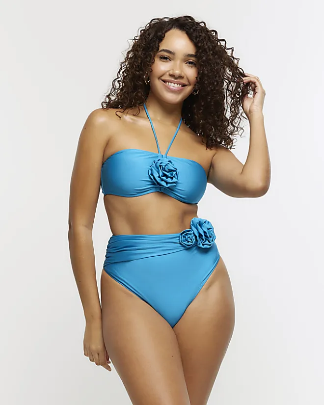 River Island high waisted corsage bikini bottoms Blue Clearance