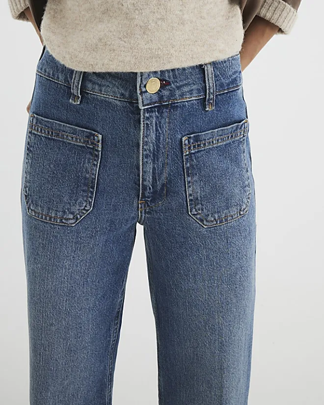 River Island high waisted flare wide fit jeans Blue Online