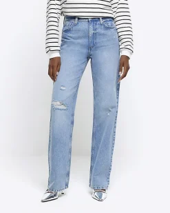 River Island high waisted relaxed straight fit jeans Blue Fashion