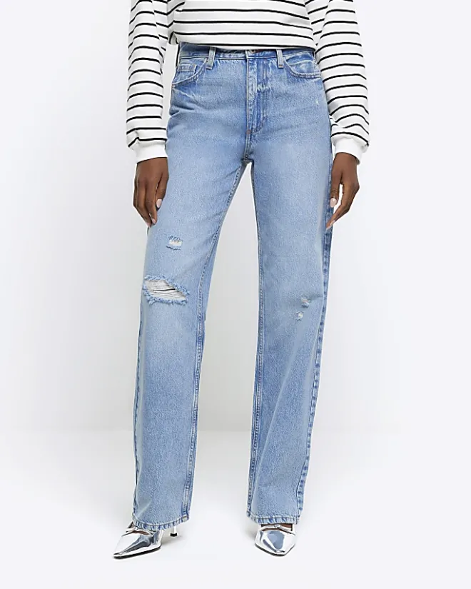River Island high waisted relaxed straight fit jeans Blue Fashion