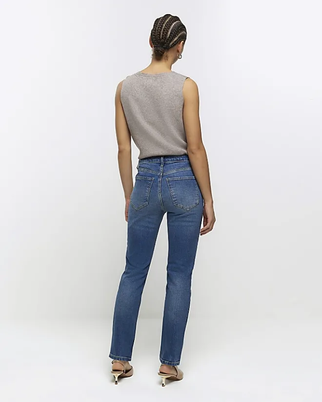 River Island High Waisted Slim Straight Jeans Blue Discount