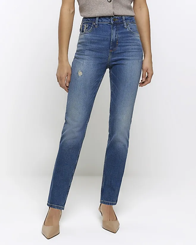 River Island High Waisted Slim Straight Jeans Blue Discount