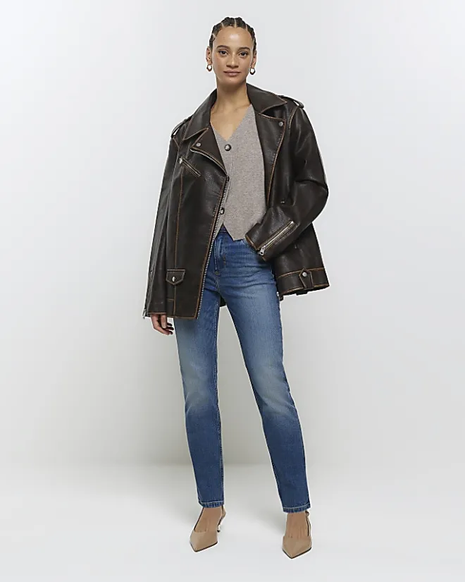 River Island High Waisted Slim Straight Jeans Blue Discount