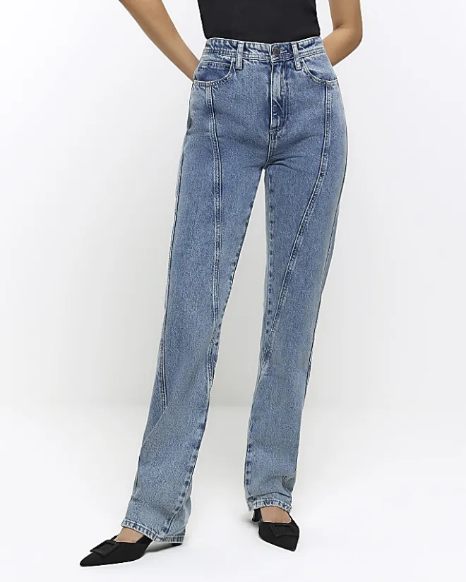 River Island high waisted stove pipe straight jeans Blue Clearance