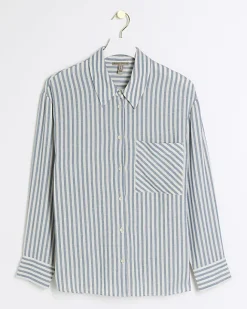River Island linen blend stripe shirt Blue New