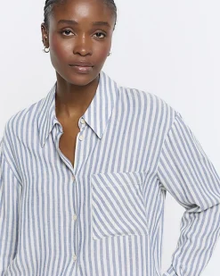 River Island linen blend stripe shirt Blue New