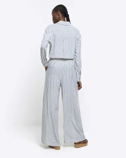 River Island linen blend stripe wide leg trousers Blue Sale
