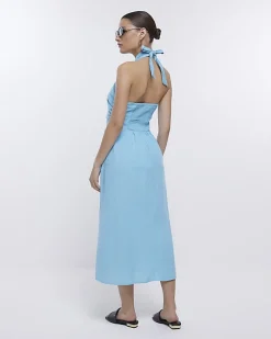 River Island linen halter neck midi dress Blue Discount