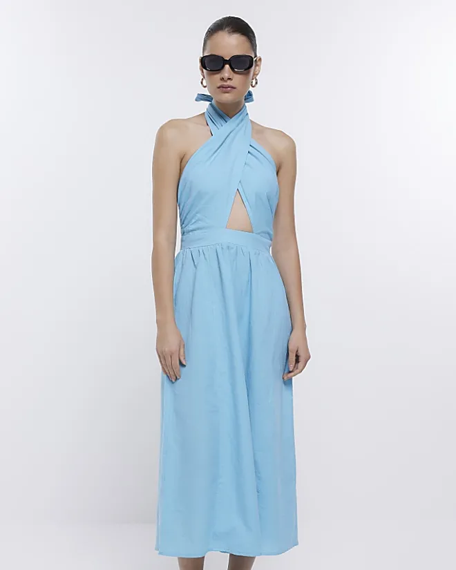 River Island linen halter neck midi dress Blue Discount