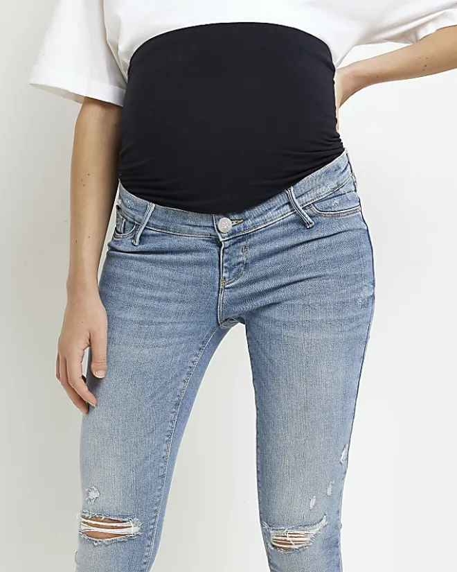 River Island mid rise maternity ripped skinny jeans Blue New