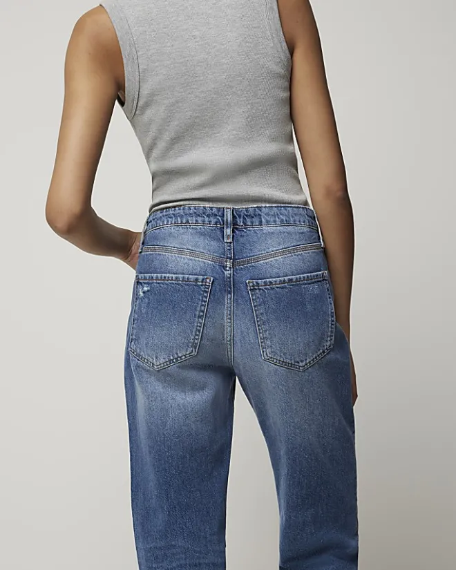 River Island patch stove pipe straight jeans Blue Fashion