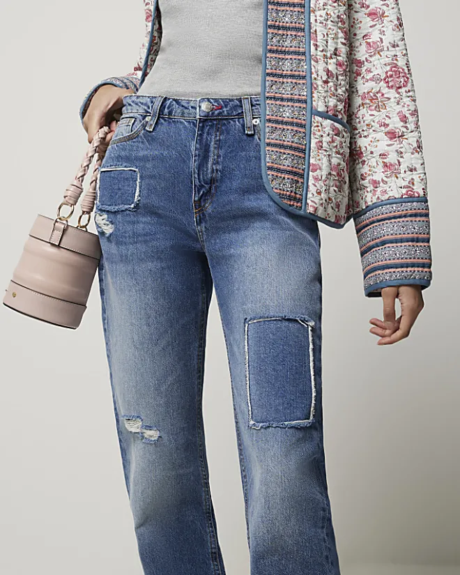 River Island patch stove pipe straight jeans Blue Fashion