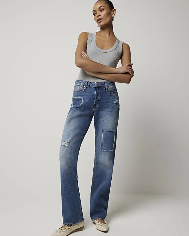 River Island patch stove pipe straight jeans Blue Fashion