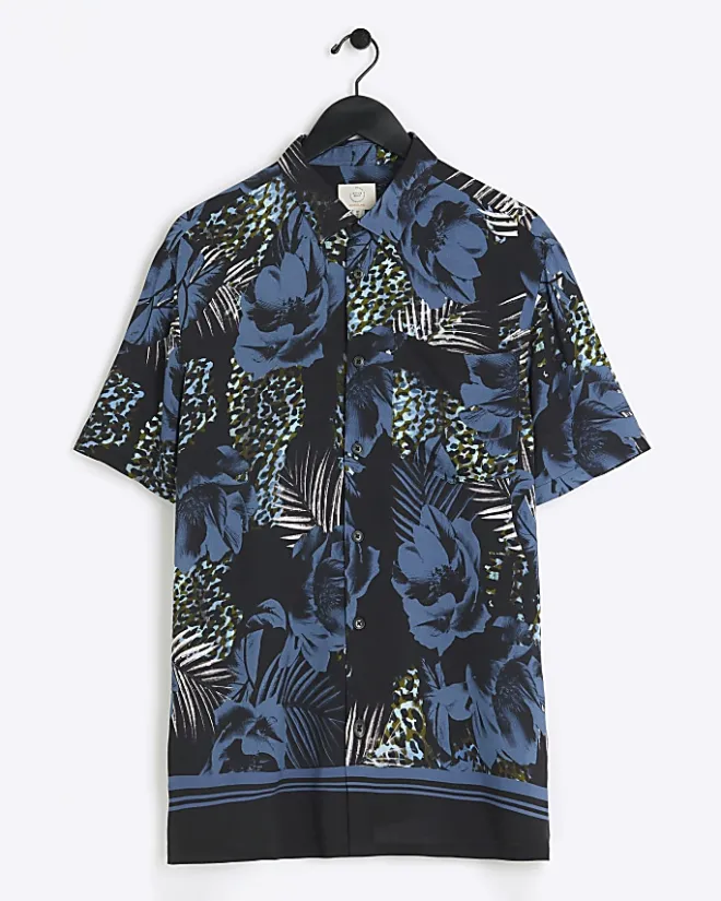 River Island regular fit floral short sleeve shirt Blue New