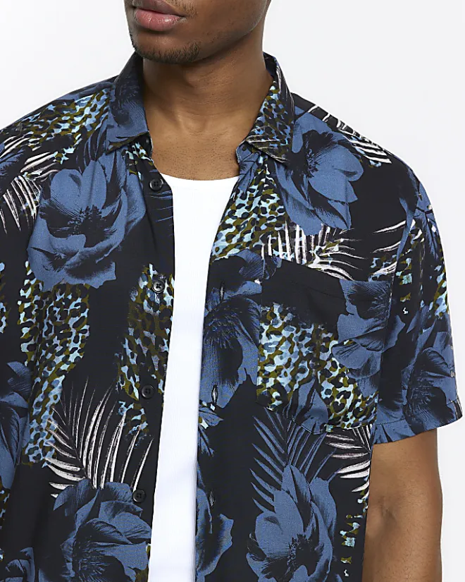River Island regular fit floral short sleeve shirt Blue New