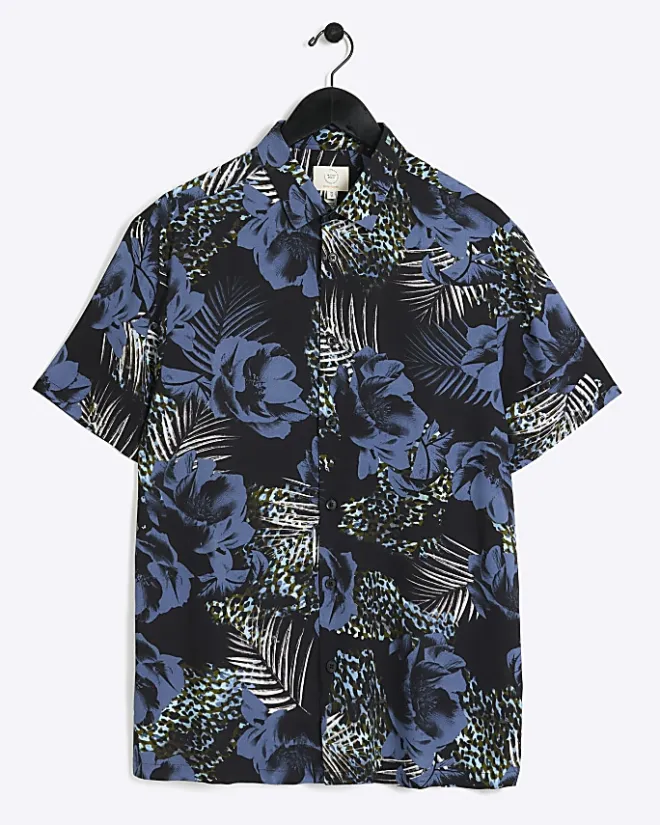 River Island regular fit floral short sleeve shirt Blue Online