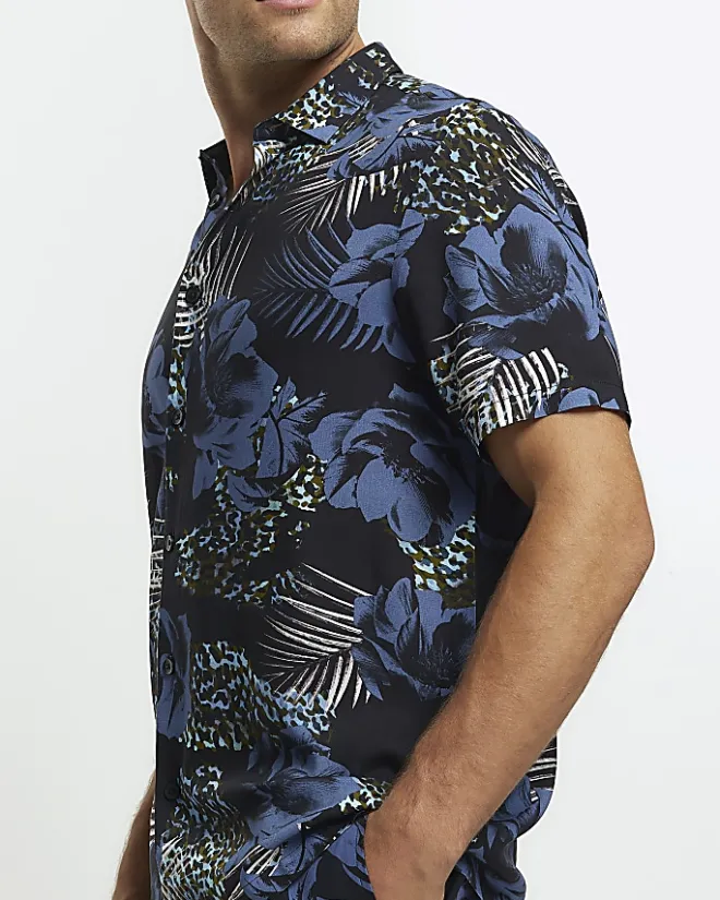 River Island regular fit floral short sleeve shirt Blue Online