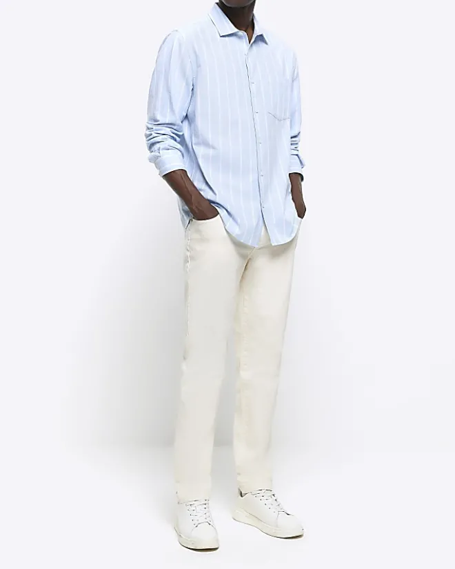 River Island regular fit striped linen blend shirt Blue New