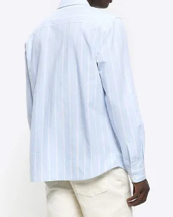 River Island regular fit striped linen blend shirt Blue New