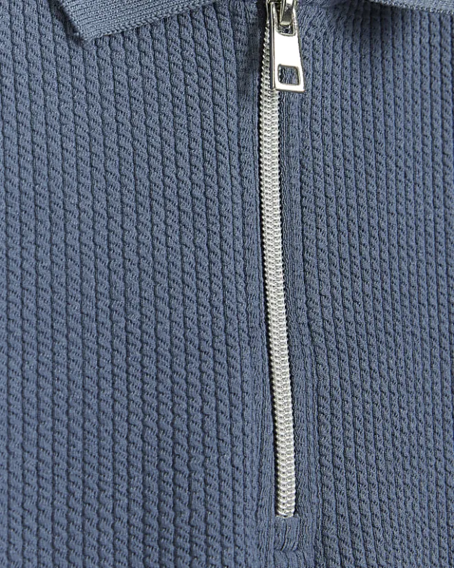 River Island Regular Fit Textured Zip Neck Polo Blue Discount