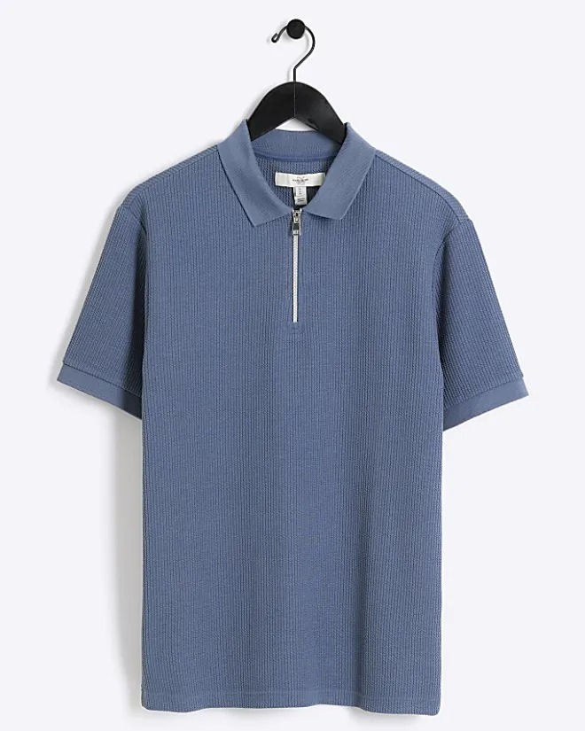 River Island Regular Fit Textured Zip Neck Polo Blue Discount