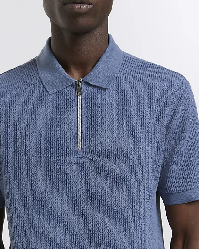 River Island Regular Fit Textured Zip Neck Polo Blue Discount