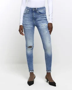 River Island ripped high waisted skinny jeans Blue Sale
