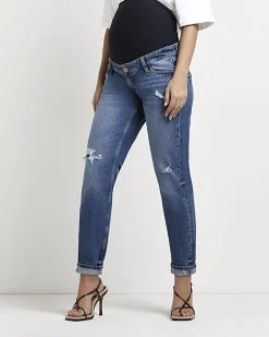 River Island ripped mid rise maternity mom jeans Blue Best