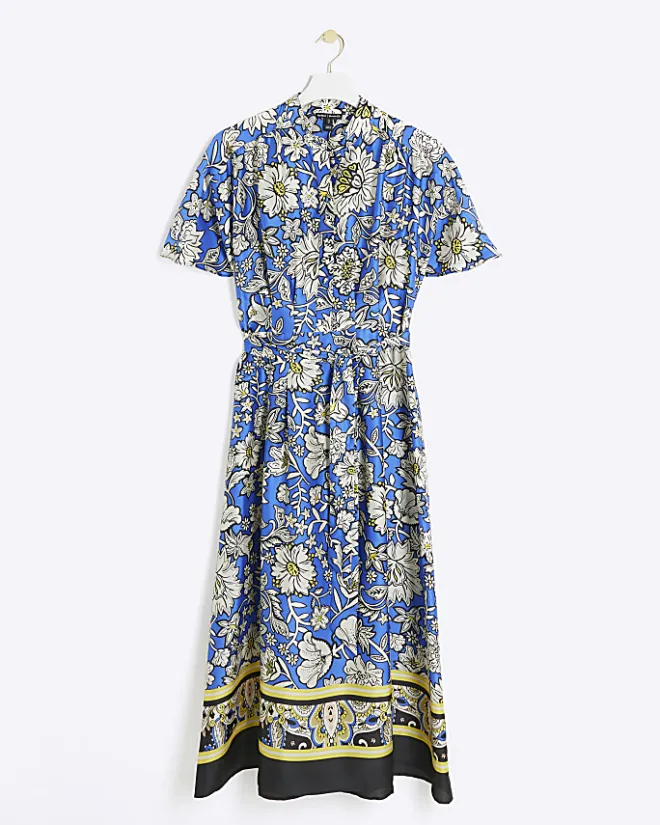 River Island satin floral belted midi shirt dress Blue Outlet