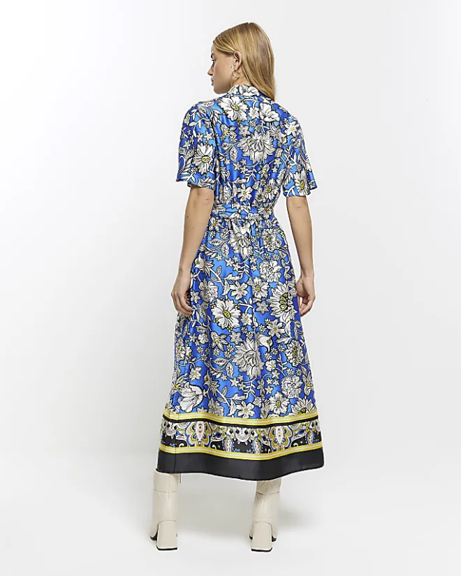 River Island satin floral belted midi shirt dress Blue Outlet