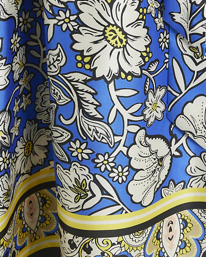 River Island satin floral belted midi shirt dress Blue Outlet