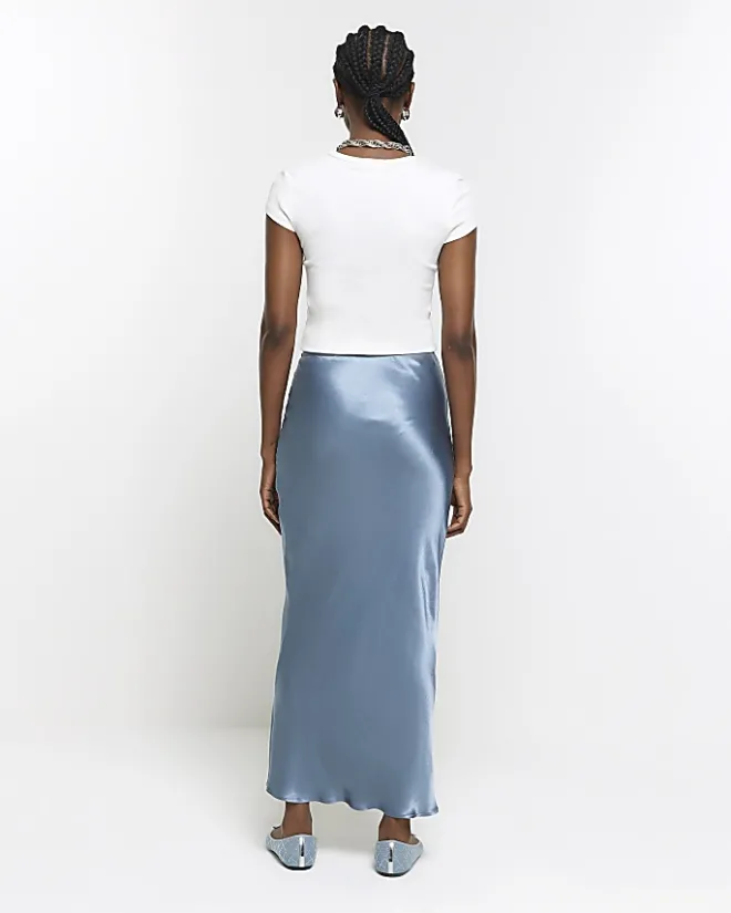 River Island satin tie waist midi skirt Blue Online