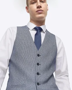 River Island skinny fit dogtooth waistcoat Blue Hot