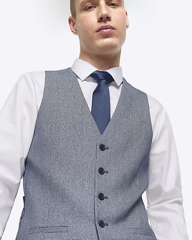 River Island skinny fit dogtooth waistcoat Blue Hot