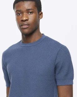 River Island slim fit textured knit t-shirt Blue Clearance