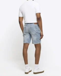 River Island straight fit raw hem denim shorts Blue Clearance