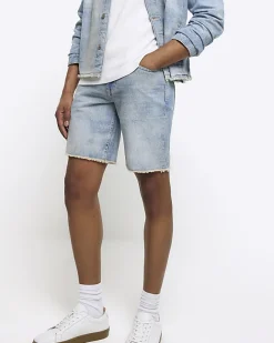 River Island straight fit raw hem denim shorts Blue Clearance